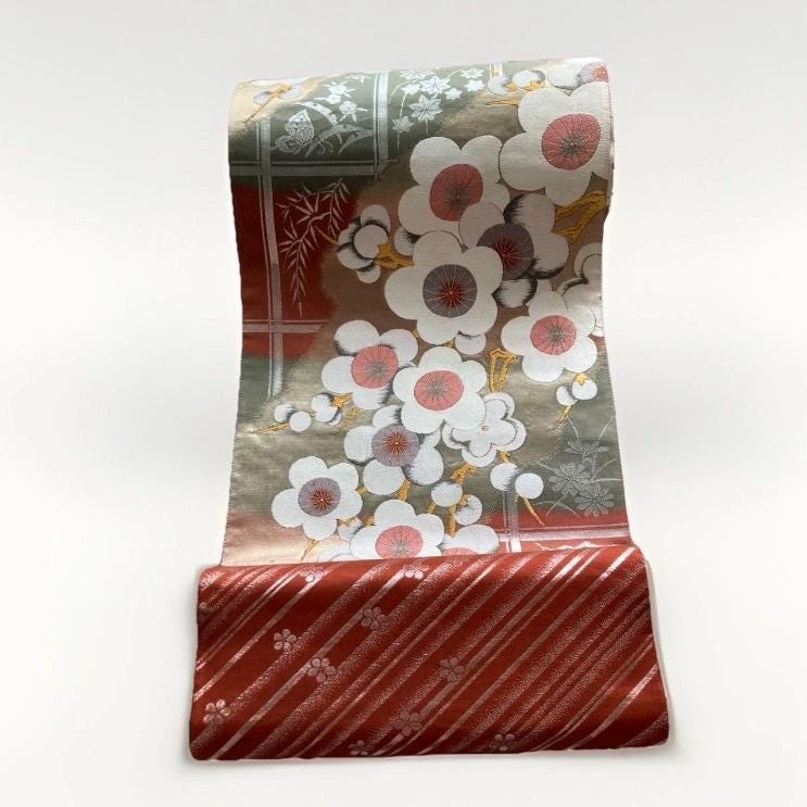Vintage Fukuro Obi Mini Tote Bag — White & Pink Plum Blossom on Matcha Green Silk