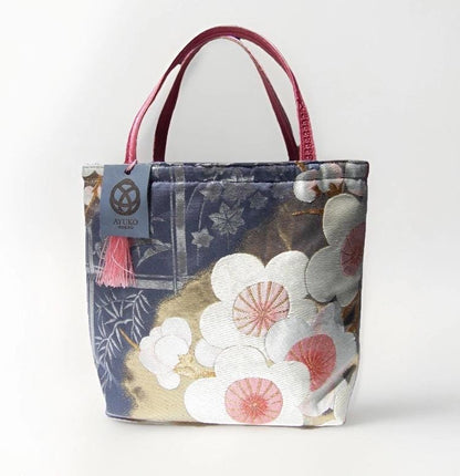 Vintage Fukuro Obi Mini Tote Bag — White & Pink Plum Blossom on Navy Silk