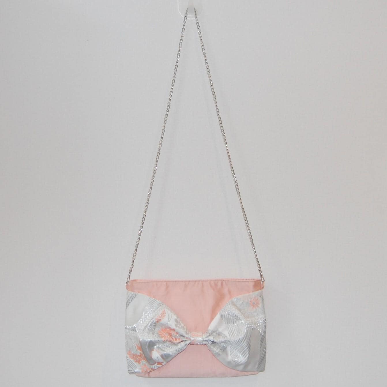 Vintage Fukuro Obi 2-Way Bow Bag — Peach Pink & Silver Silk