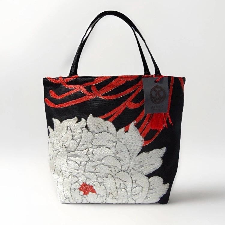 Vintage Fukuro Obi Mini Tote Bag — White & Gold Peony on Black Silk