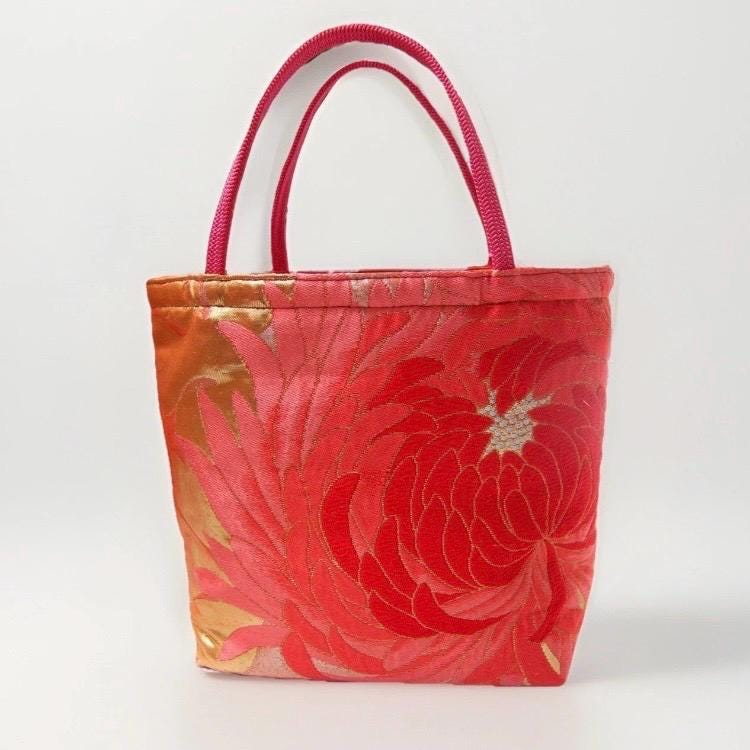 Rangiku 乱菊 Chrysanthemum Vintage Obi Silk Tote in Red Gold