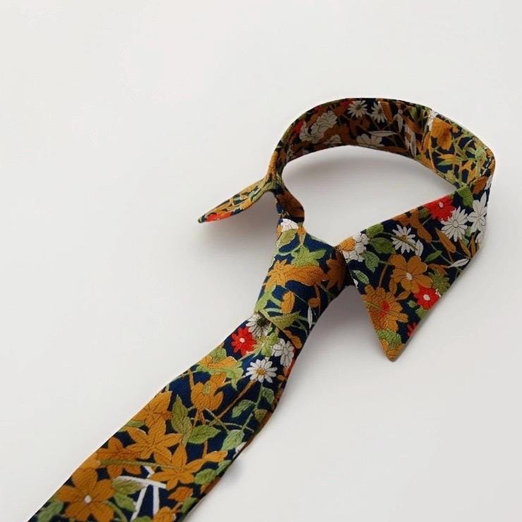 Vintage Komon Silk Detachable Collar Tie — Navy Botanical Floral 草花文
