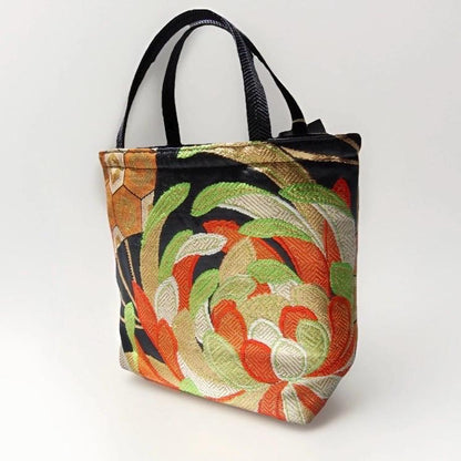 Rangiku 乱菊 Chrysanthemum Vintage Obi Silk Tote in Green Gold Orange