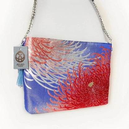 Vintage Fukuro Obi Shoulder Bag — Red & Pink Ran-Giku Chrysanthemum on Blue Silk