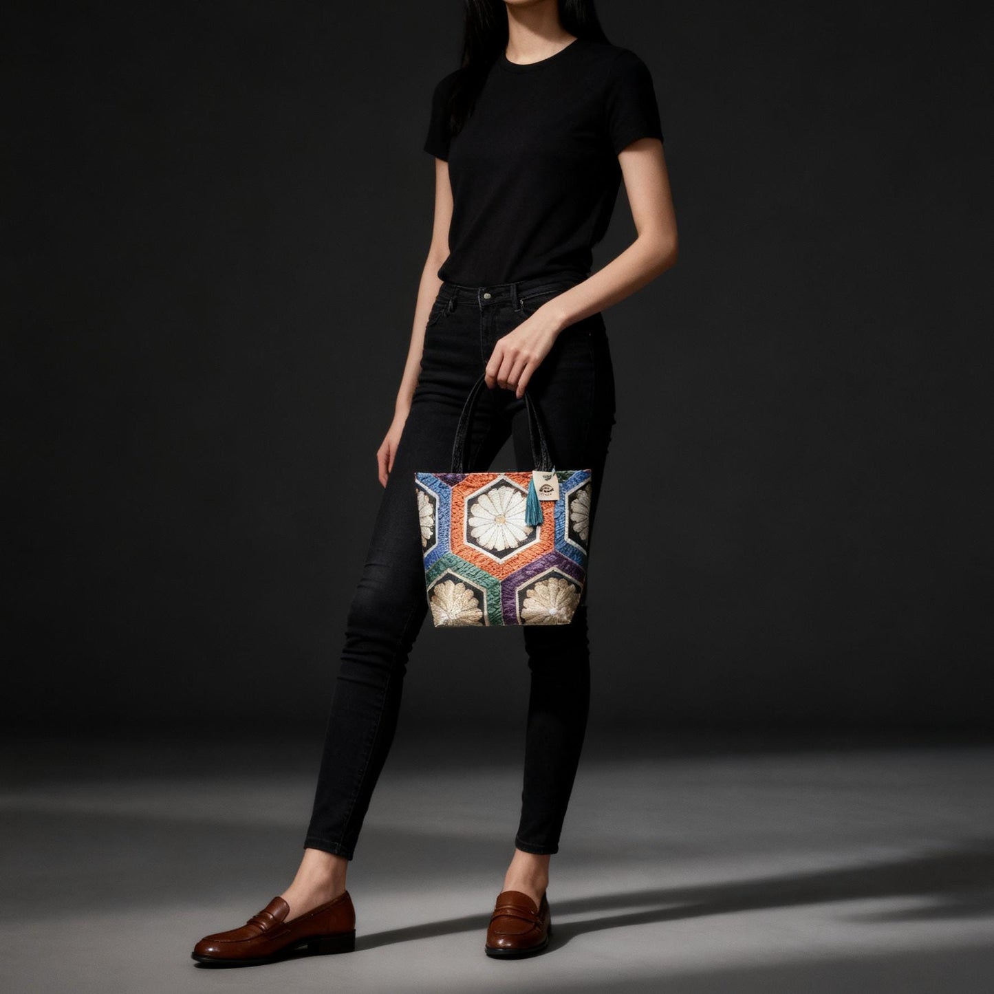 Kikkō Chrysanthemum 亀甲菊文様 Vintage Obi Silk Tote in Black Multi