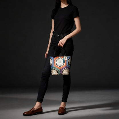 Kikkō Chrysanthemum 亀甲菊文様 Vintage Obi Silk Tote in Black Multi