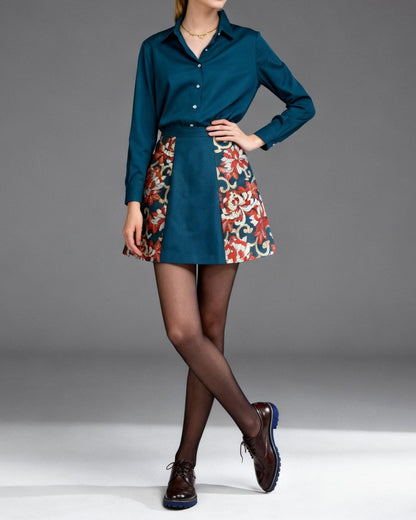 Vintage Obi A-Line Mini Skirt in Teal Orange Ran-giku