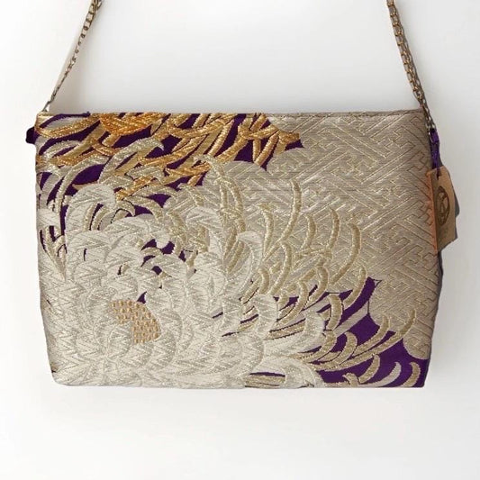 Vintage Fukuro Obi Shoulder Bag — Silver Ran-Giku Chrysanthemum Silk