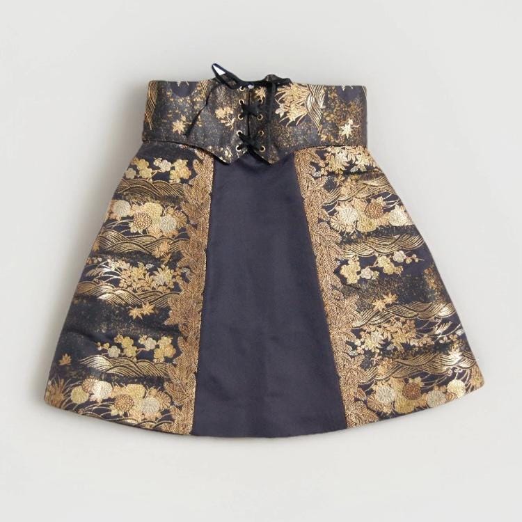 Vintage Obi Silk A-Line Mini Skirt in Dark Gold Floral