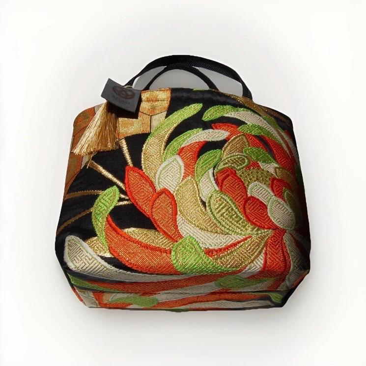Rangiku 乱菊 Chrysanthemum Vintage Obi Silk Tote in Green Gold Orange