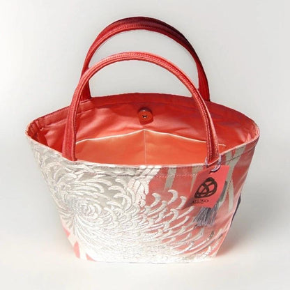 Rangiku 乱菊 Chrysanthemum Vintage Obi Silk Tote in Salmon Pink Silver