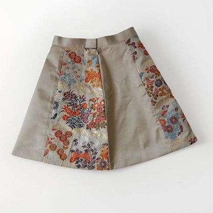 Vintage Obi Silk Mini Skirt in Beige with Floral Motifs