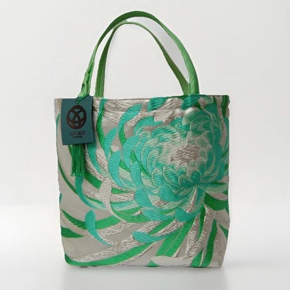 Rangiku 乱菊 Chrysanthemum Vintage Obi Silk Tote in Mint Silver