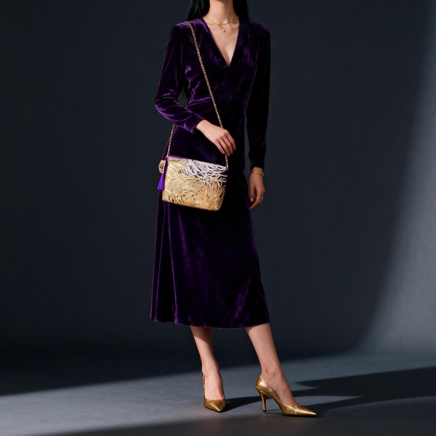 Vintage Fukuro Obi Shoulder Bag — Gold Ran-Giku Chrysanthemum on Purple Silk