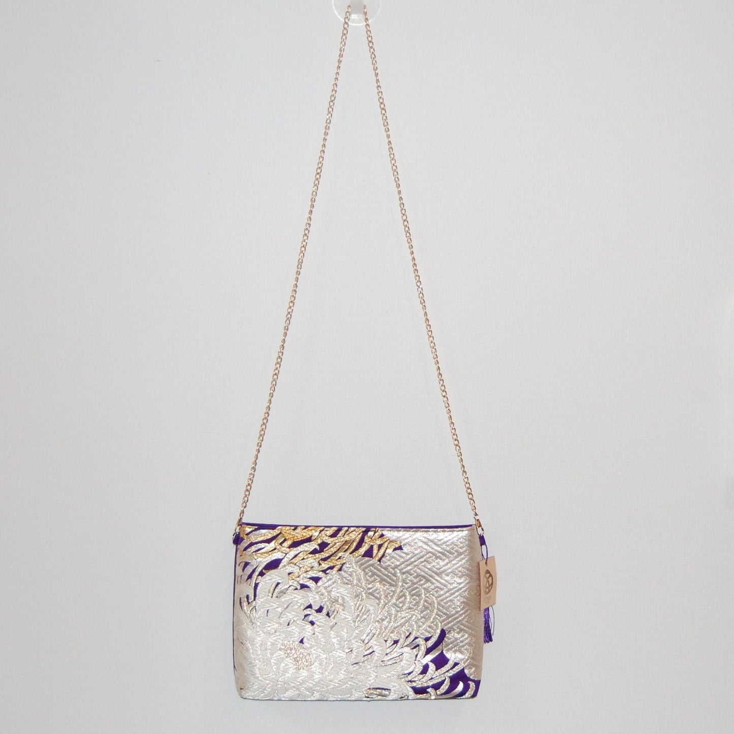 Vintage Fukuro Obi Shoulder Bag — Silver Ran-Giku Chrysanthemum Silk