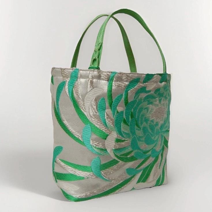 Rangiku 乱菊 Chrysanthemum Vintage Obi Silk Tote in Mint Silver