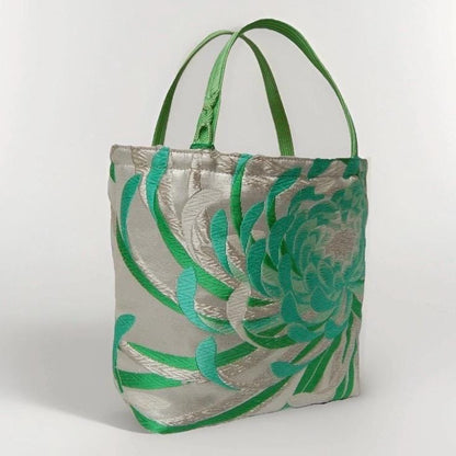 Rangiku 乱菊 Chrysanthemum Vintage Obi Silk Tote in Mint Silver