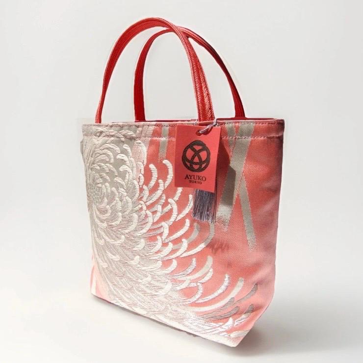 Rangiku 乱菊 Chrysanthemum Vintage Obi Silk Tote in Salmon Pink Silver