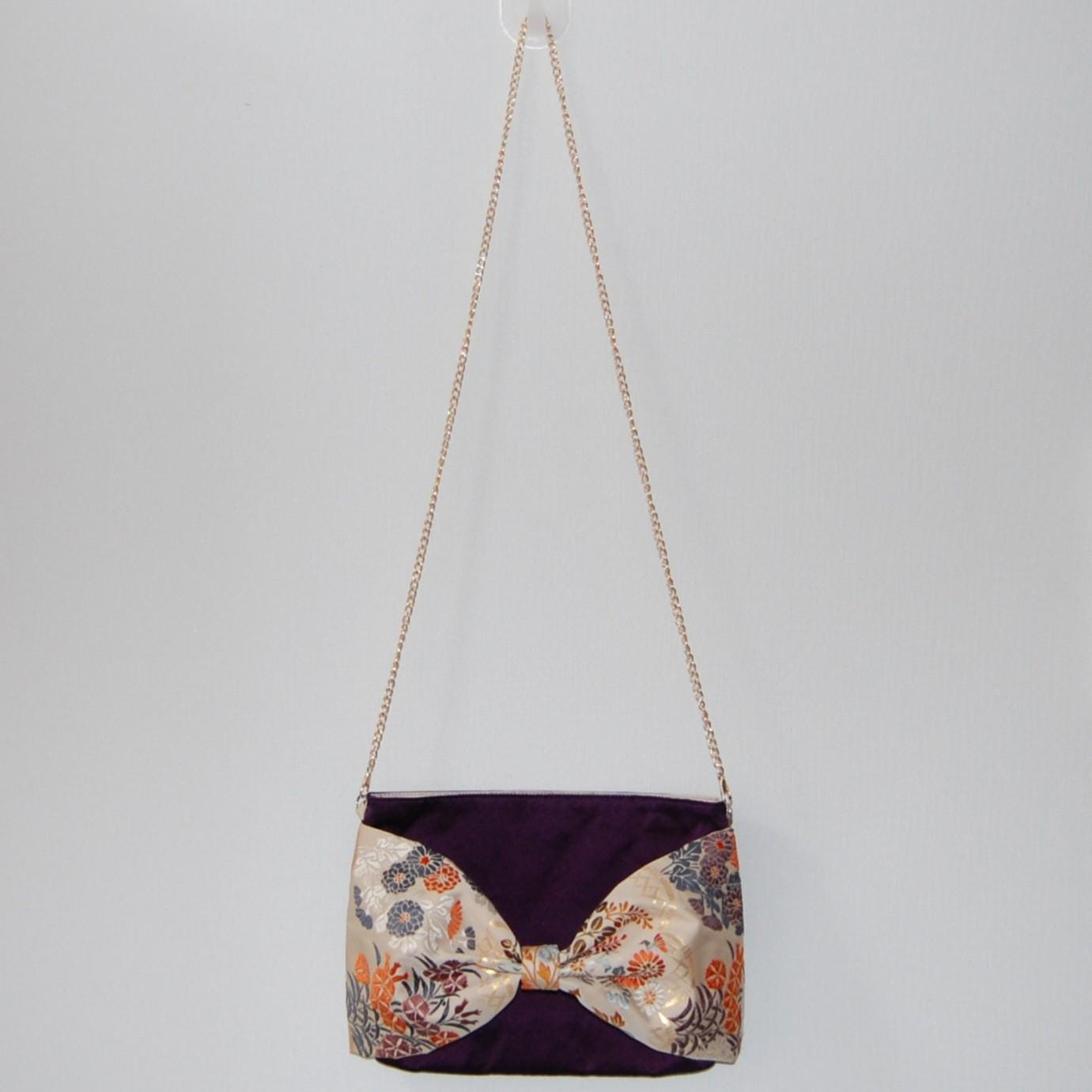 Vintage Fukuro Obi 2-Way Bow Bag — Deep Purple & Floral Silk