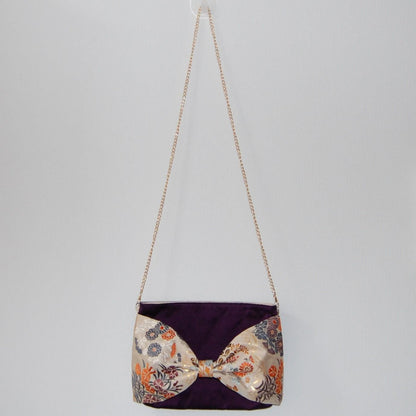 Vintage Fukuro Obi 2-Way Bow Bag — Deep Purple & Floral Silk