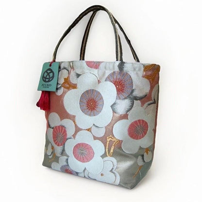 Vintage Fukuro Obi Mini Tote Bag — White & Pink Plum Blossom on Matcha Green Silk