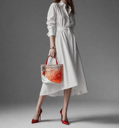 Rangiku 乱菊 Chrysanthemum Vintage Obi Silk Tote in Orange Silver
