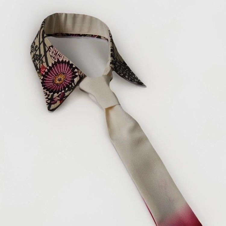 Vintage Komon Silk Detachable Collar Tie — Floral Shikishi Chirimen