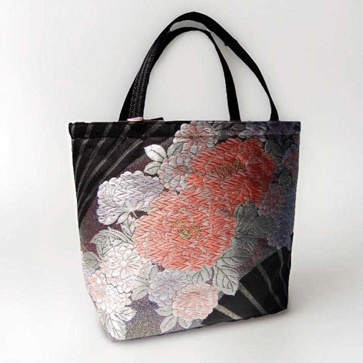 Vintage Fukuro Obi Mini Tote Bag — Peony & Fan Motif on Black Silk