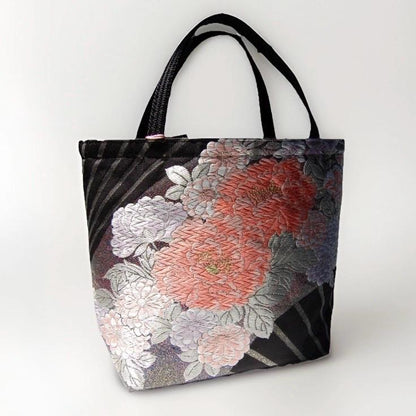 Vintage Fukuro Obi Mini Tote Bag — Peony & Fan Motif on Black Silk