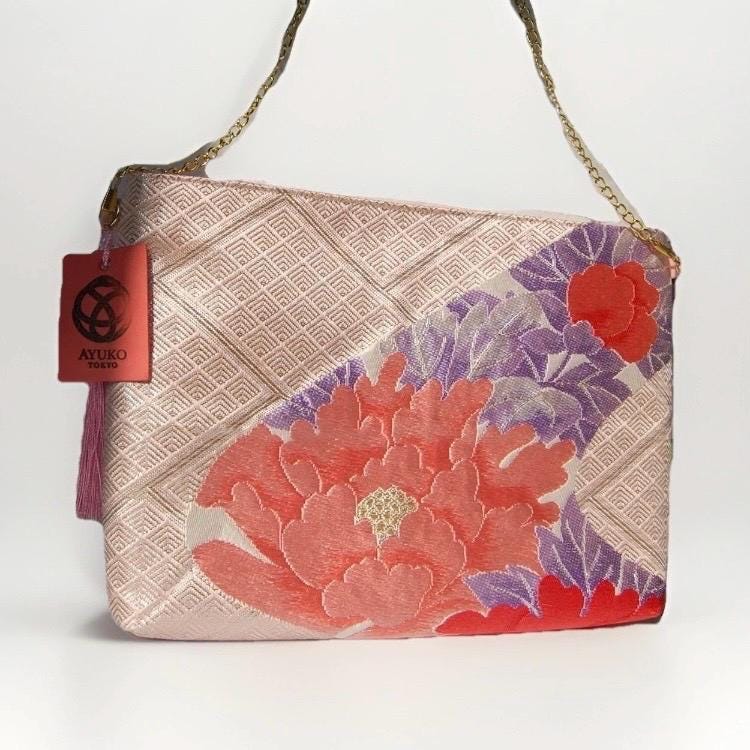 Vintage Fukuro Obi Shoulder Bag — Champagne Pink Peony Silk