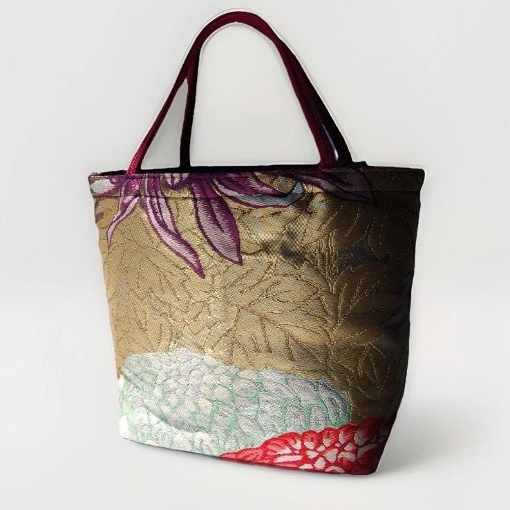 Rangiku 乱菊 Chrysanthemum Vintage Obi Silk Tote in Purple Gold