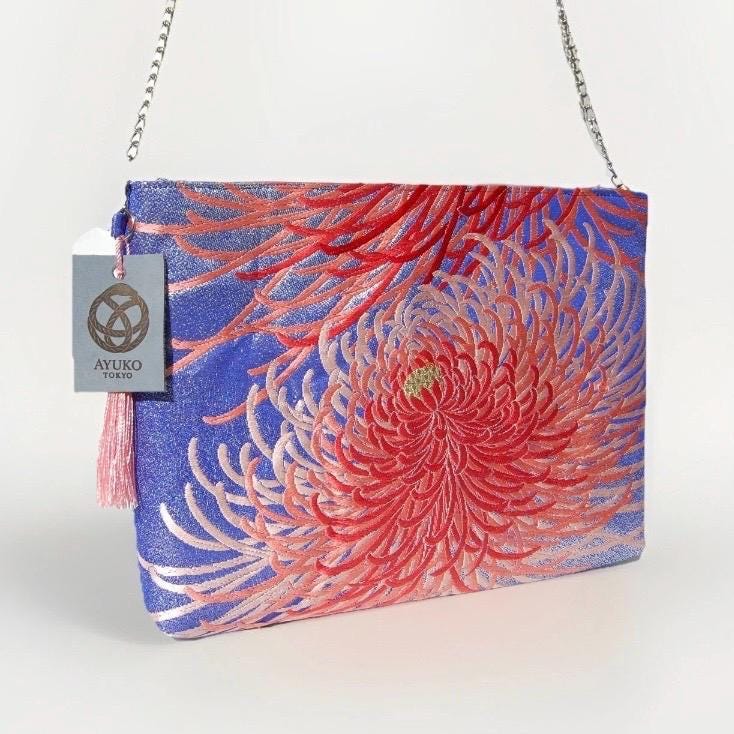 Vintage Fukuro Obi Shoulder Bag — Pink Ran-Giku Chrysanthemum on Blue Silk