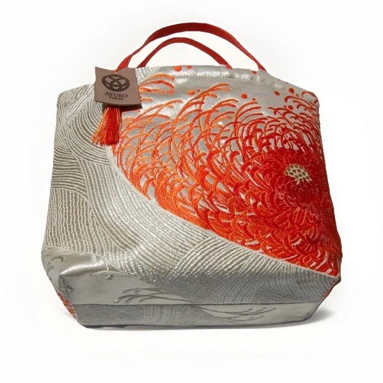 Rangiku 乱菊 Chrysanthemum Vintage Obi Silk Tote in Orange Silver