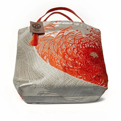 Rangiku 乱菊 Chrysanthemum Vintage Obi Silk Tote in Orange Silver