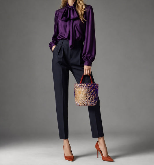 Rangiku 乱菊 Chrysanthemum Vintage Obi Silk Tote in Violet Blue