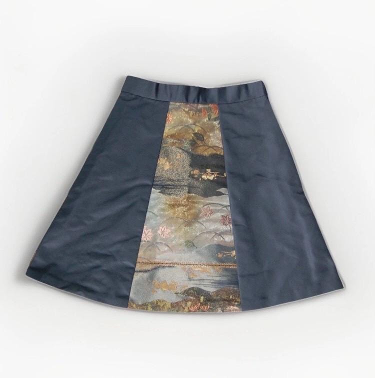 Design Sample — Vintage Obi A-Line Mini Skirt in Smoky Navy Landscape