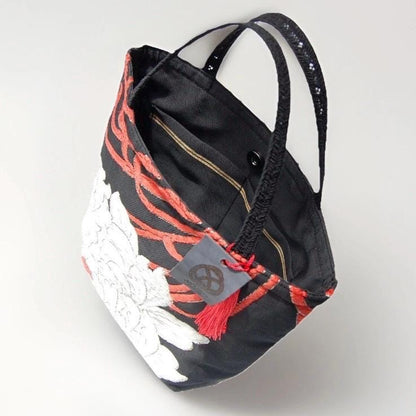 Vintage Fukuro Obi Mini Tote Bag — White & Gold Peony on Black Silk