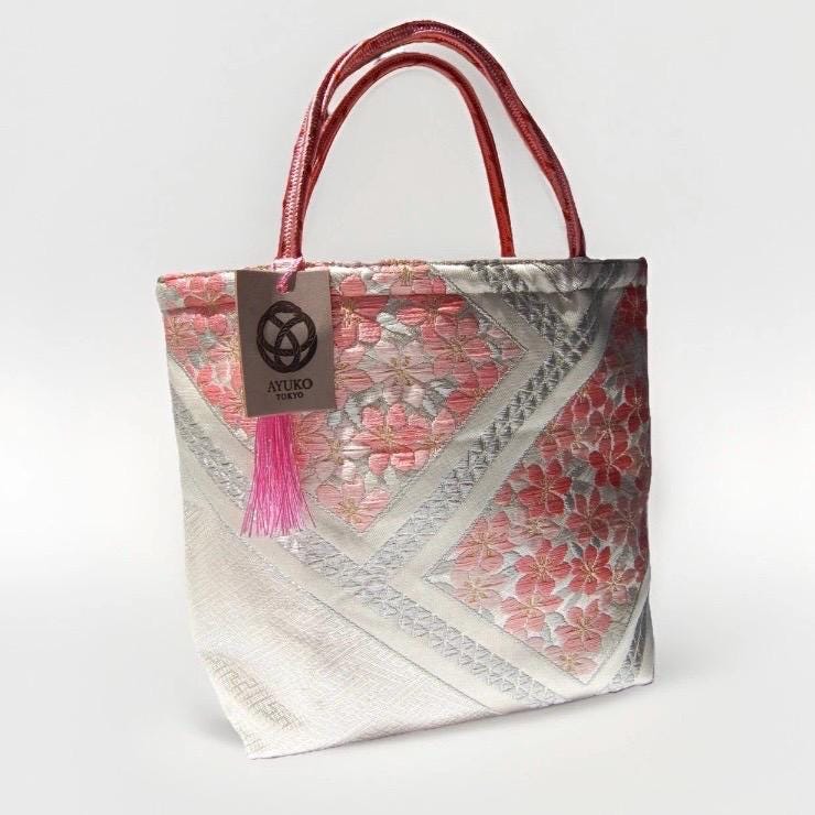 Vintage Fukuro Obi Mini Tote Bag — Pink Sakura on White & Silver Silk