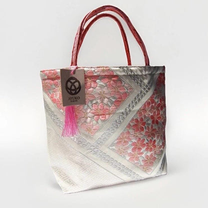 Vintage Fukuro Obi Mini Tote Bag — Pink Sakura on White & Silver Silk