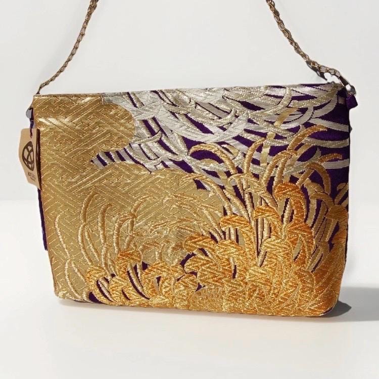 Vintage Fukuro Obi Shoulder Bag — Gold Ran-Giku Chrysanthemum on Purple Silk