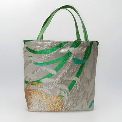 Rangiku 乱菊 Chrysanthemum Vintage Obi Silk Tote in Mint Silver