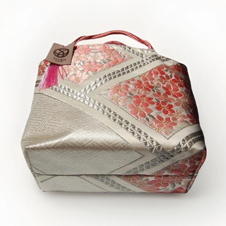 Vintage Fukuro Obi Mini Tote Bag — Pink Sakura on White & Silver Silk