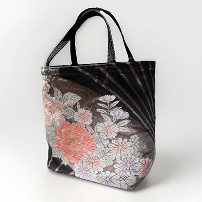 Vintage Fukuro Obi Mini Tote Bag — Peony & Fan Motif on Black Silk