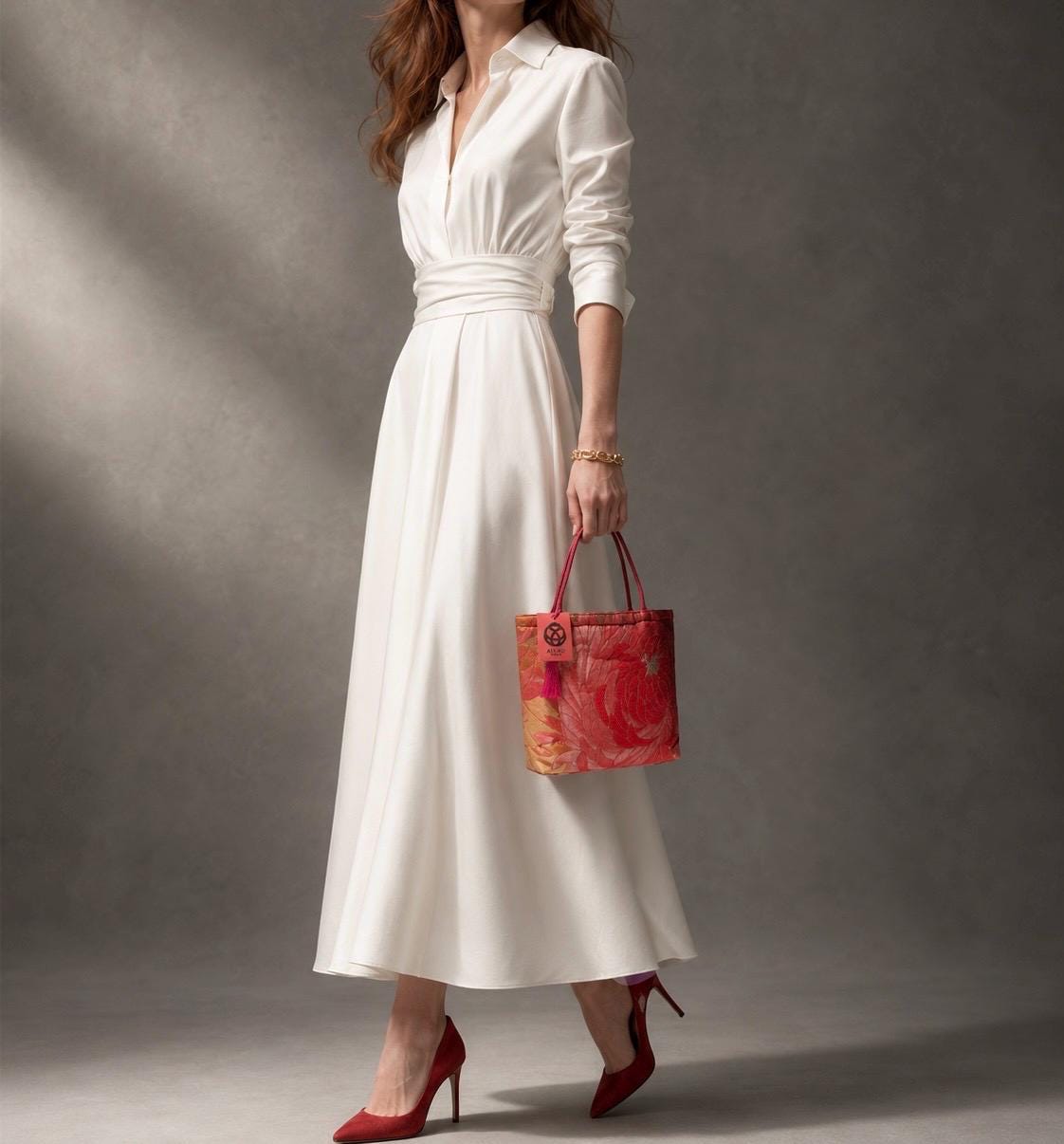 Rangiku 乱菊 Chrysanthemum Vintage Obi Silk Tote in Red Gold