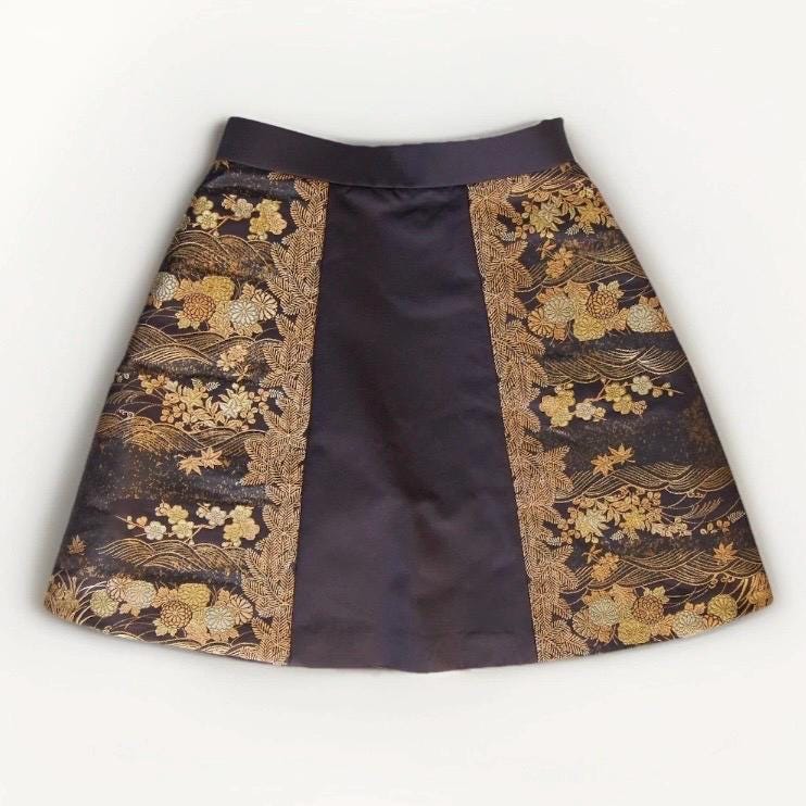 Vintage Obi Silk A-Line Mini Skirt in Dark Gold Floral