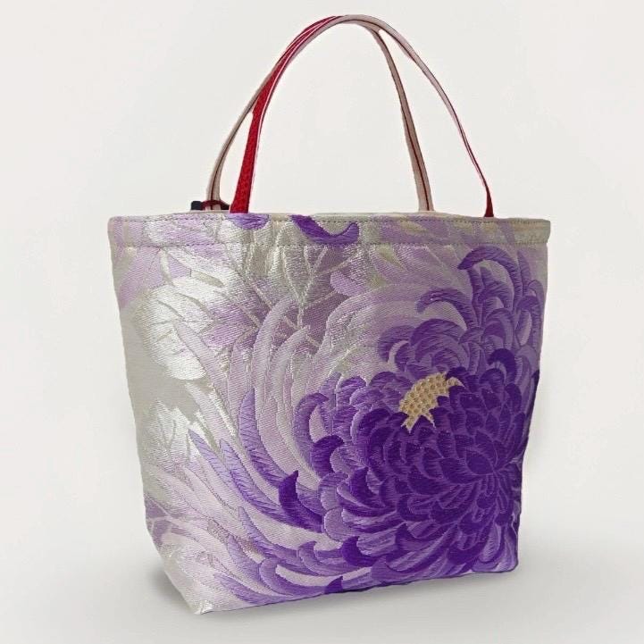Rangiku 乱菊 Chrysanthemum Vintage Obi Silk Tote in Purple Silver