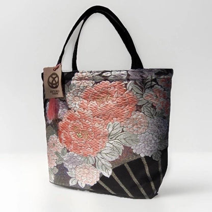 Vintage Fukuro Obi Mini Tote Bag — Peony & Fan Motif on Black Silk