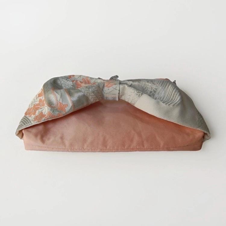 Vintage Fukuro Obi 2-Way Bow Bag — Peach Pink & Silver Silk