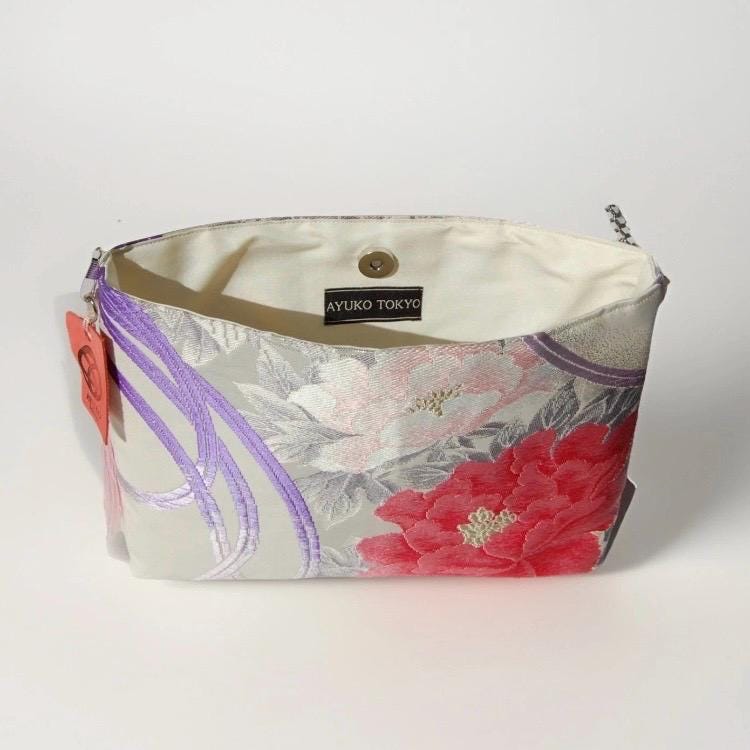 Vintage Fukuro Obi Shoulder Bag — Peony & Purple Flowing Line Silk