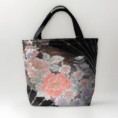 Vintage Fukuro Obi Mini Tote Bag — Peony & Fan Motif on Black Silk